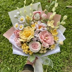 Crochet bunny and pink French Rose bouquet
