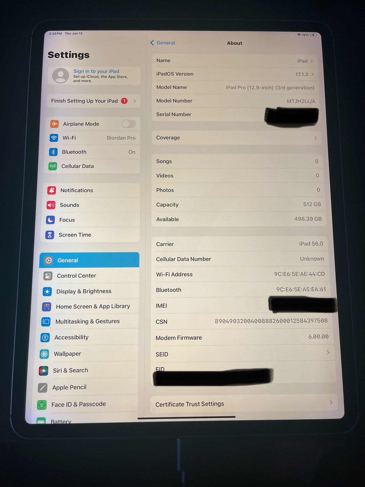 iPad Pro 3rd Gen 12.9” 512gb Cell+Wifi