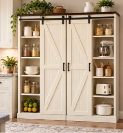 72" Tall Farmhouse Storage Cabinet, Large Kitchen Pantry With Sliding Barn Doors & Adjustable Shelves, Versatile Cupboard For Kitchen, Dining Room, Ba