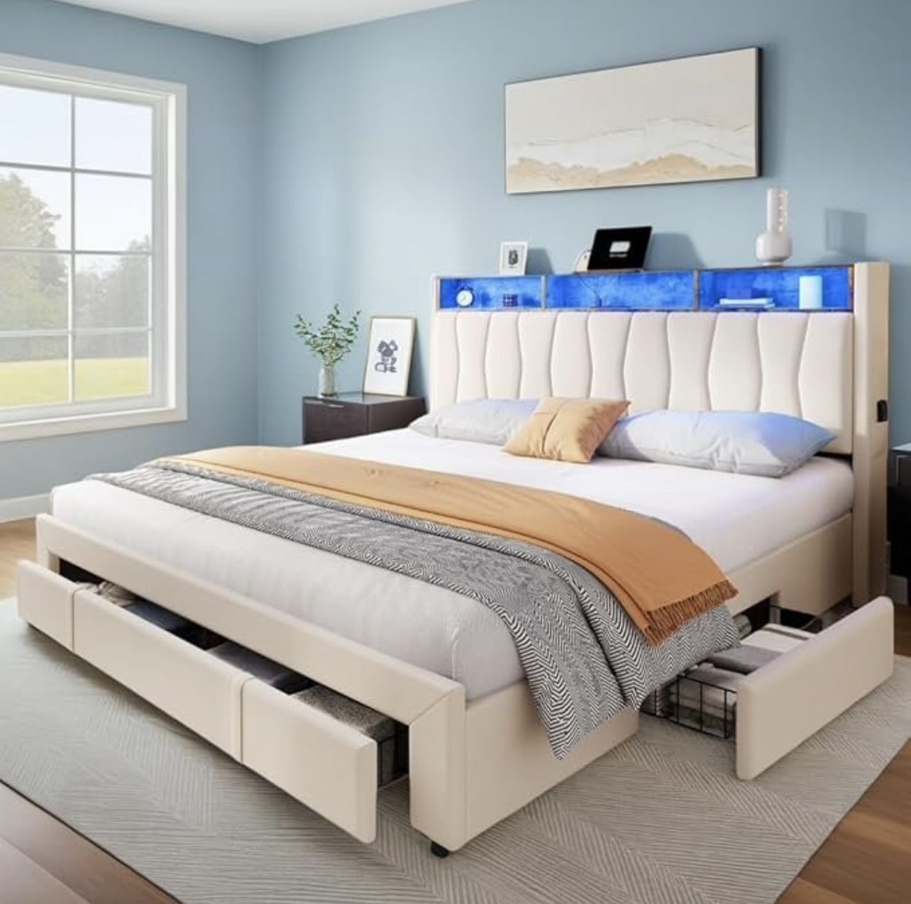 BED FRAME QUEEN SIZE WITH STORAGE DRAWERS AND LED LIGHTING BRAND NEW IN BOX!!!
