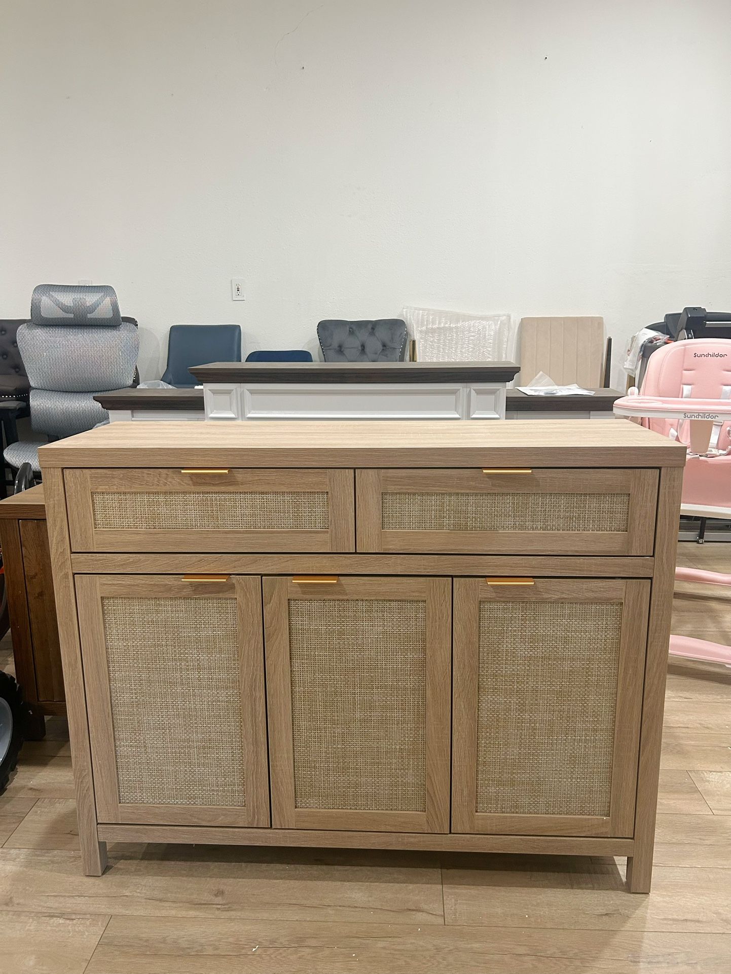 Rattan Sideboard Buffet Cabinet with Storage, Boho Credenza Accent Cabinet with 3 Doors and 2 Drawers, Farmhouse Console Coffee Bar for Kitchen, Livin