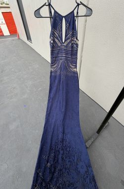 GLAMAZON Navy Blue Lace Beaded Mermaid Formal Dress Sleeveless Backless Size S