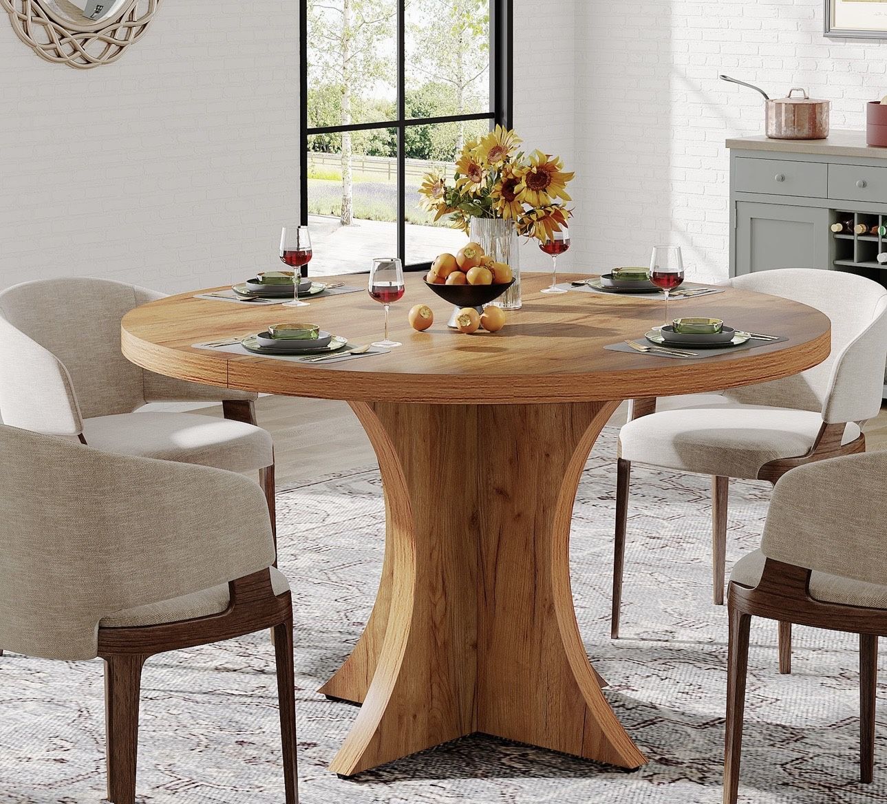 RY0048 Wood Dining Table, 47.24 Inches Round Kitchen Table for 4-6