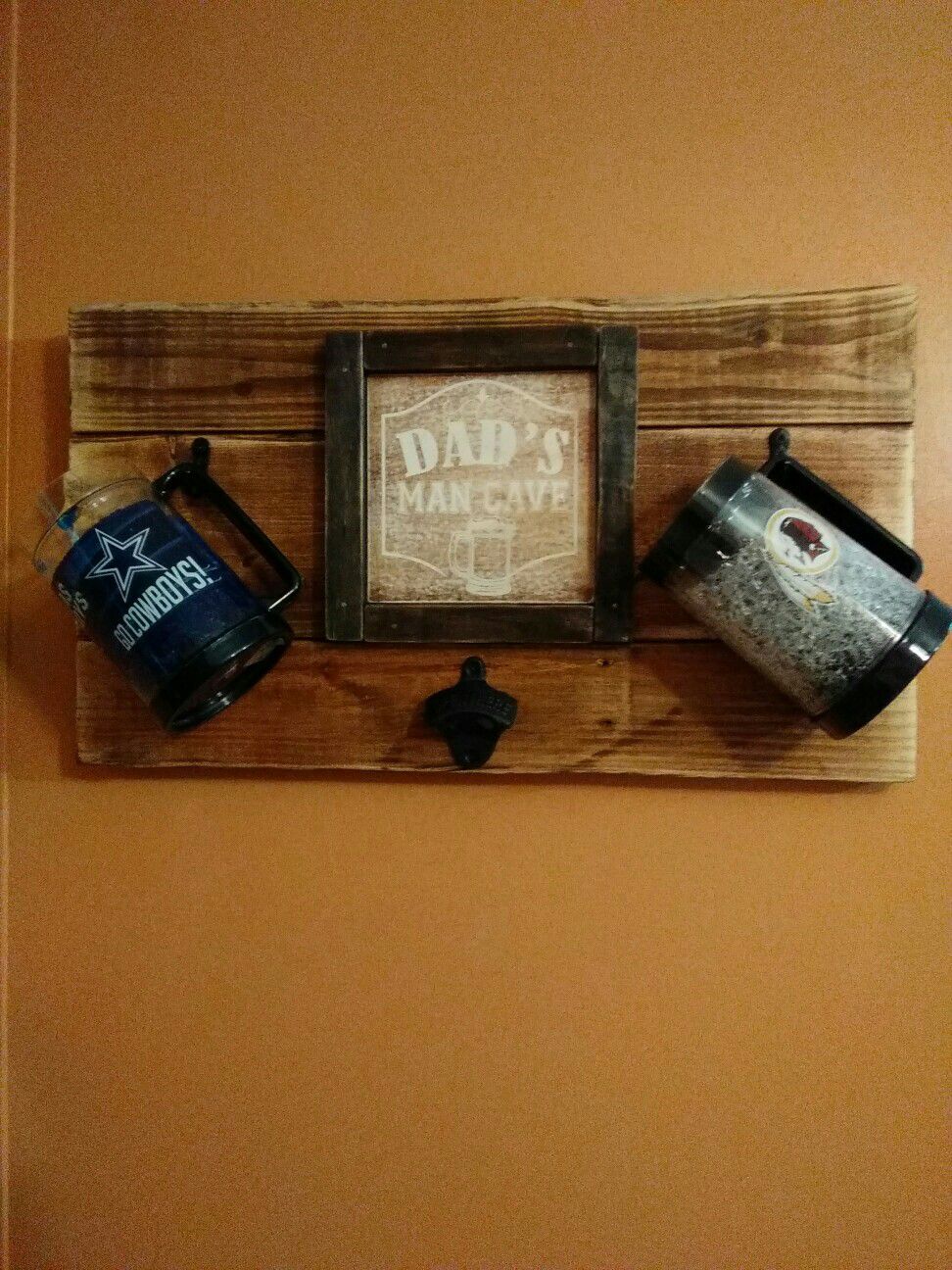 Wooden Dad's Mancave sign with two mug holders and bottle opener