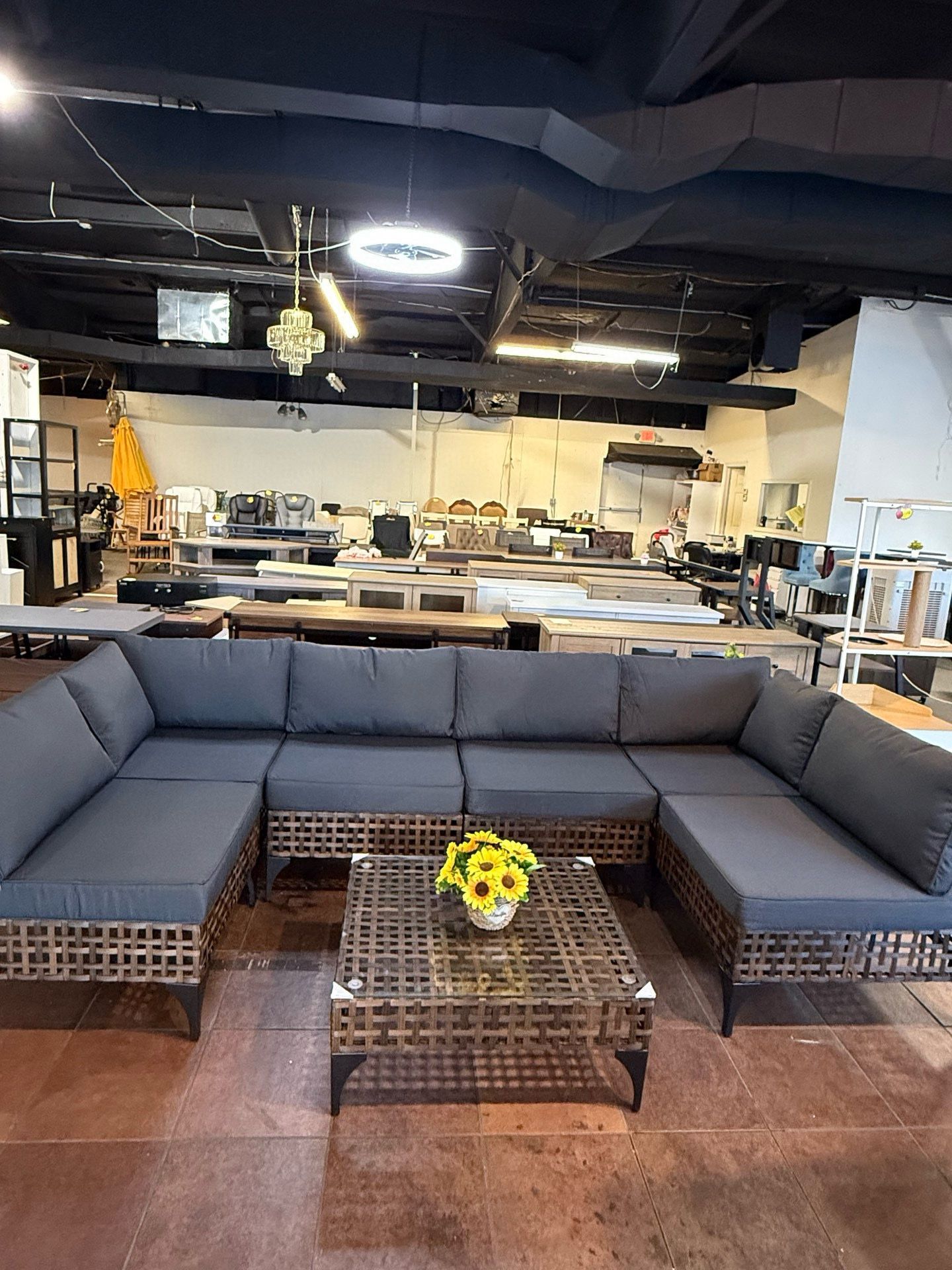 🔥Set of 7🔥patio set with coffee table, rattan outdoor sectional sofa reception set, brown rattan and dark grey cushions 💰550$