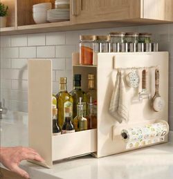 2-Tier Countertop Pull Out Spice Rack with Sliding Drawer, Cream