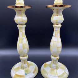 Mackenzie Childs Parchment Check Large 14” Enamel Candlesticks 