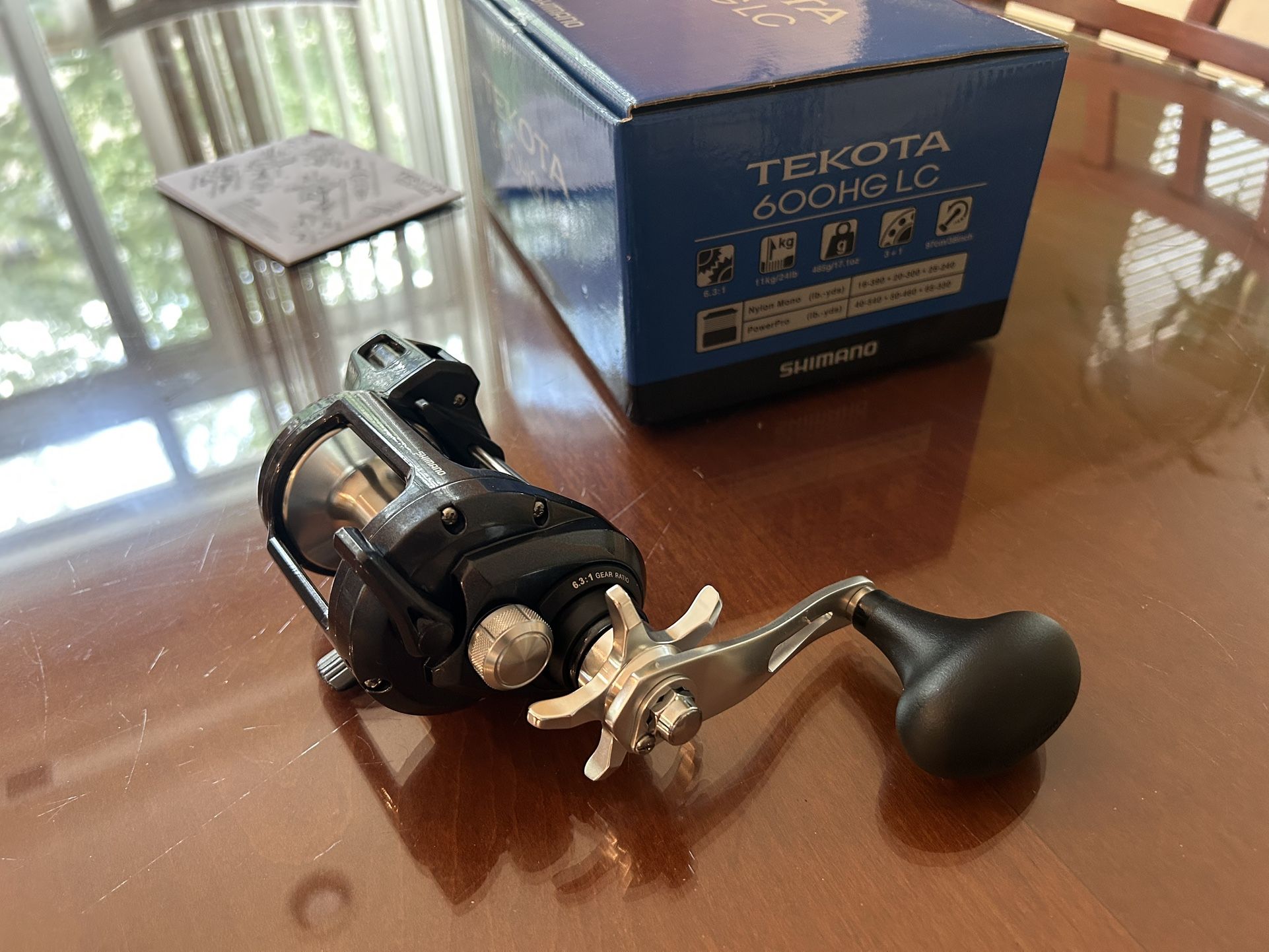 In the box. Never been used before. Shimano, Tekota 600 HG LC Levelwind Line Counter Reel