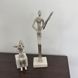 Modern Abstract Metal Musician Sculpture Set on Marble Bases - Silver Tone Jazz Art Decor (Set of 2)