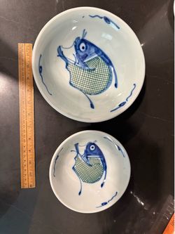 (2) Rare Colors Antique Porcelain Cobalt Blue and Green Koi Fish Carp Bowls