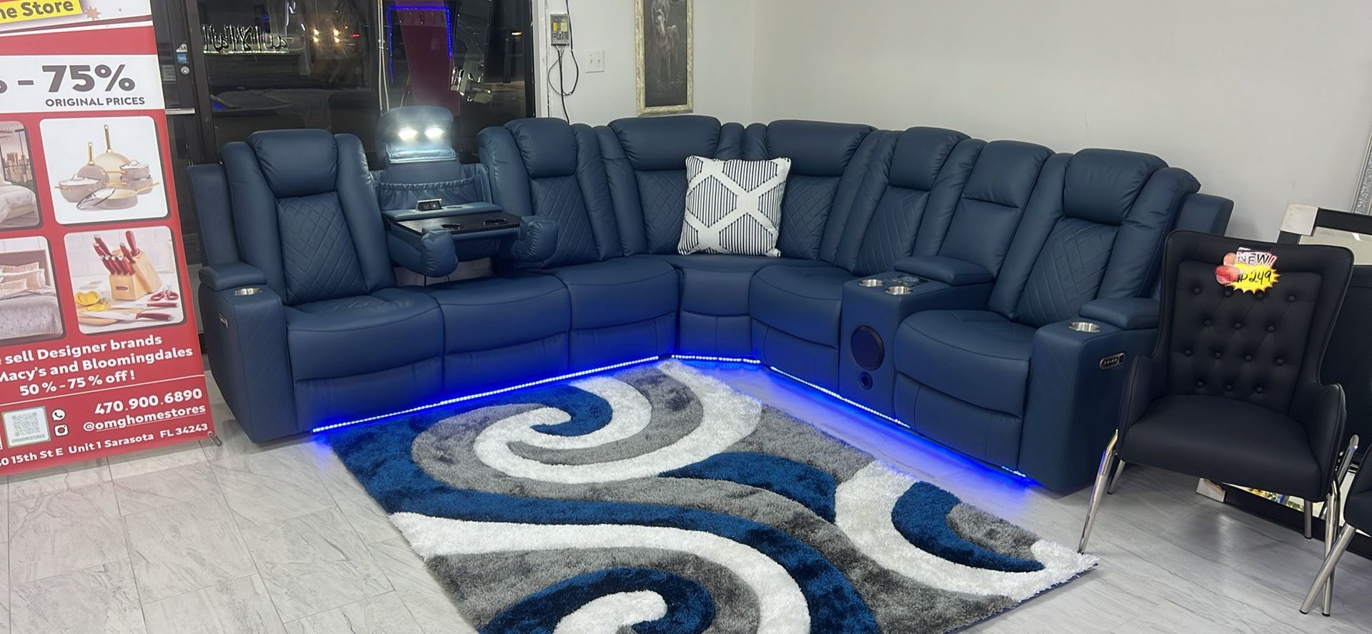 Blue All Power Sectional , All Power Recliners  