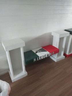 Wooden Bench with Mexican Flag Cushion