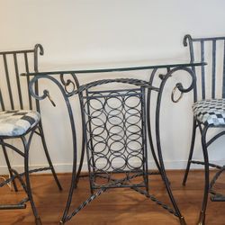 Vintage Wrought Iron Glass Top Pub Table With 2 Chairs