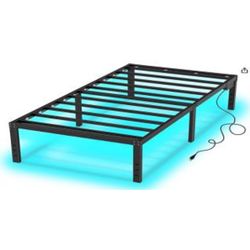 Twin $100 Black Frame Metal Platform Bed 14” H Foundation Base with Legs + LED Rails w/ Remote + USB & Power Outlet (Fully Slated)