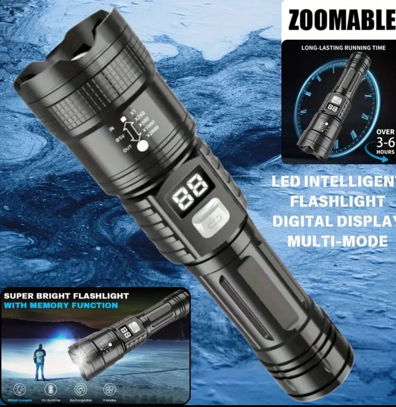 Rechargeable High-Power LED Flashlights with, Zoomable Spotlight, USB Cable