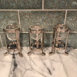 3 Crackle Glass Tea Candle Holders with Hammered Silver Pillars