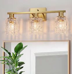 (707070-40) 3 Light Brushed Gold Bathroom Vanity Light Over Mirror, Modern Vanity Lighting with Crystal Glass Shade, Wall Mount Bathroom Light Fixture