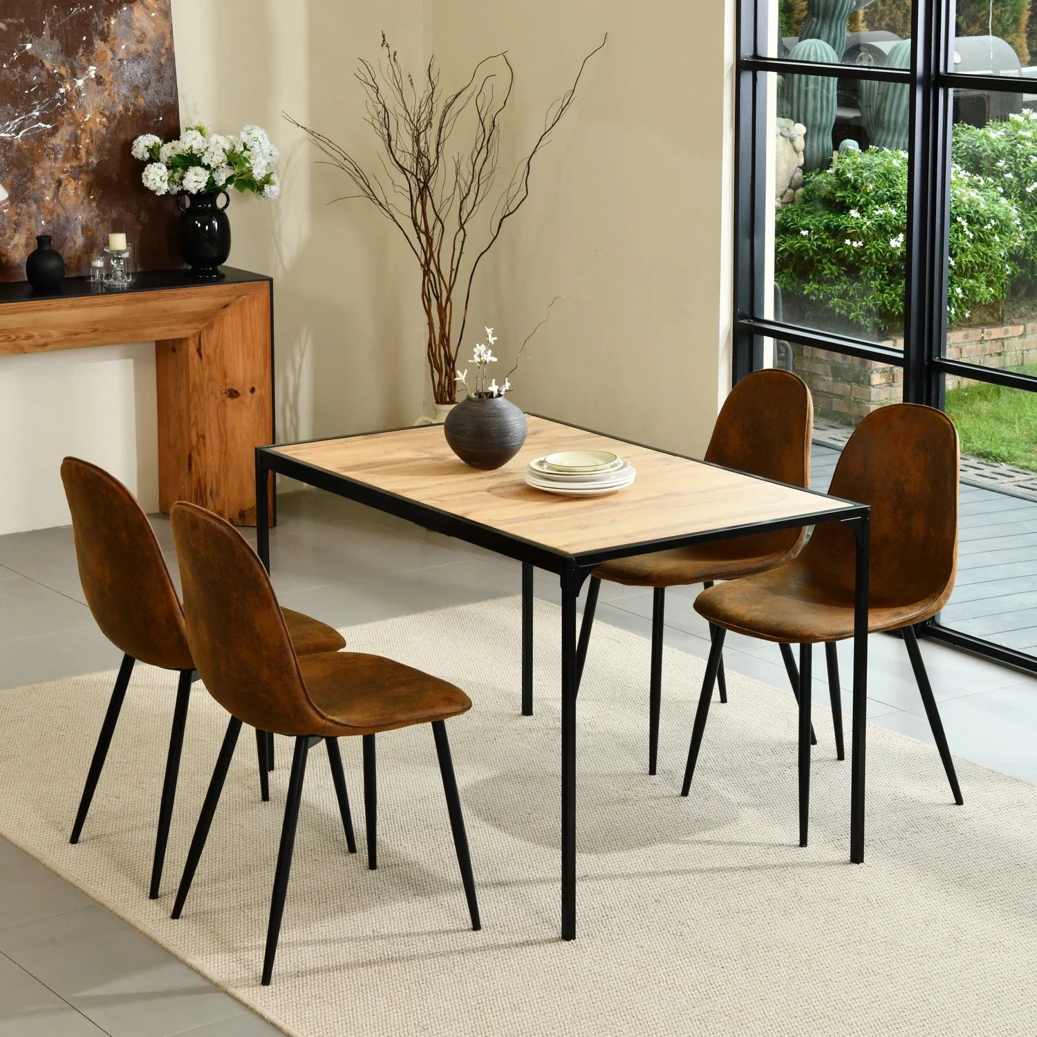 Homy Casa Milliken 5 Piece Walnut California Upholstered Dining Set, Suede Brown