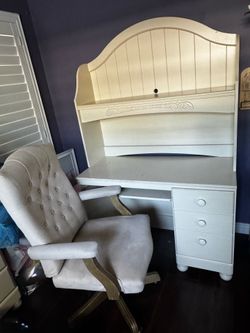 White Desk with Hutch & Matching Upholstered Office Chair