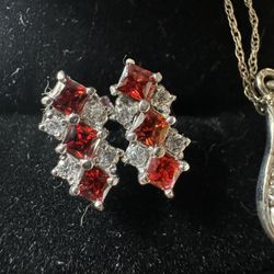Stunning Jewelry Gift Set Sterling Silver  Valentines Ruby Earrings Ring Necklace 