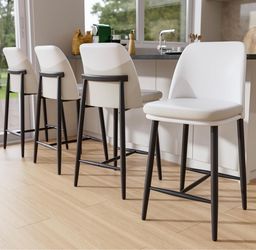 New assembled White Counter Height Bar Stools Set of 4, Dual Textured Seats 3.15" Thick Cushion, 16.1" Ergonomic Backrest, PU Leather, Sturdy Legs, 35