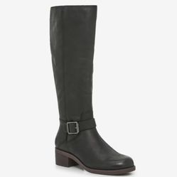 LUCKY BRAND Black Leather Stacked Heel Inifita Buckle Knee High Riding Boots