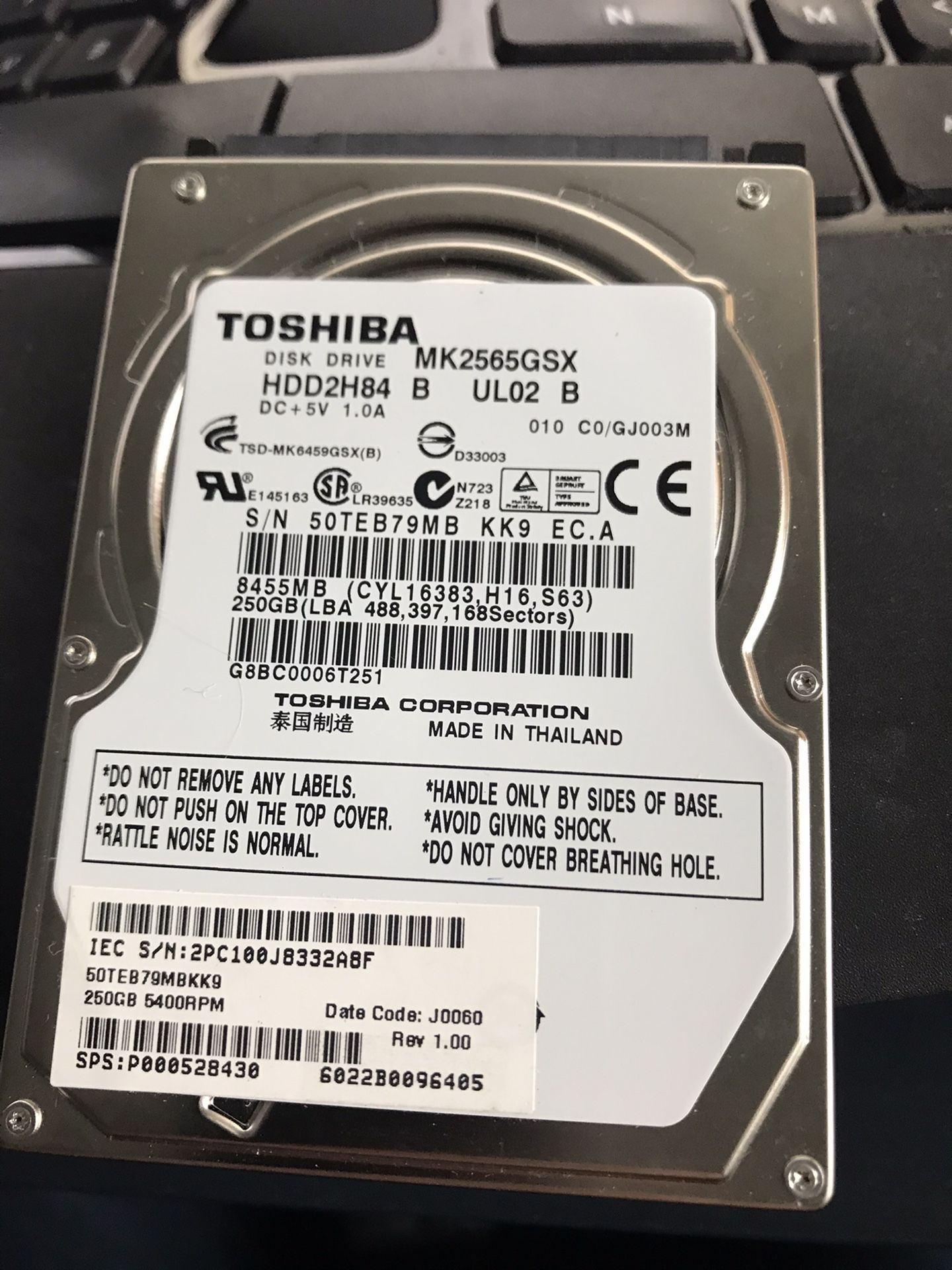 Toshiba 250GB sata laptop hard drive