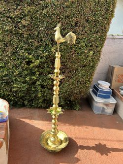 Hindu Ceremonial Brass Rooster Oil Lamp