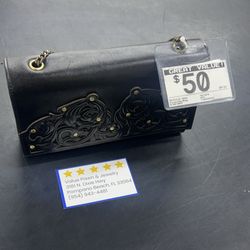 Black Decorative Chain Wallet with Floral Design