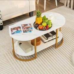 Modern White Marble Coffee Table with 2 Tiers, Metal Frame and Open Storage Shelf, 39x20x18 Inches, for Contemporary Living Room Decor