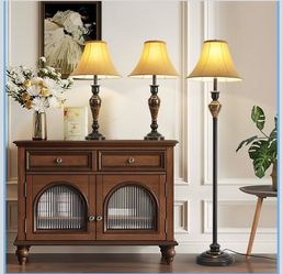 3 Piece Living Room Lamps, Vintage Table Lamp and Floor Lamp Set of 3, Stable Iron Base with Brown Fabric Shade for Bedroom Reading Room Office @S3-69