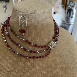 Red Aurora Borealis Necklace, And Earrings