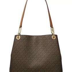 Brown Michael Kors tote with gold accents.