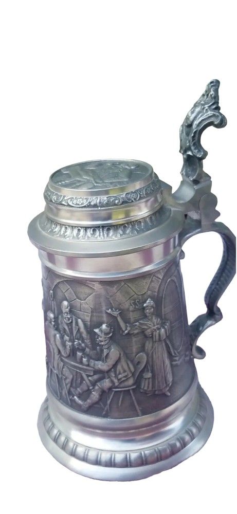 ANTIQUE DETAILED MULTI FIGURE GERMAN PEWTER 8" STEIN TANKARD GERMANY EARLY 1900