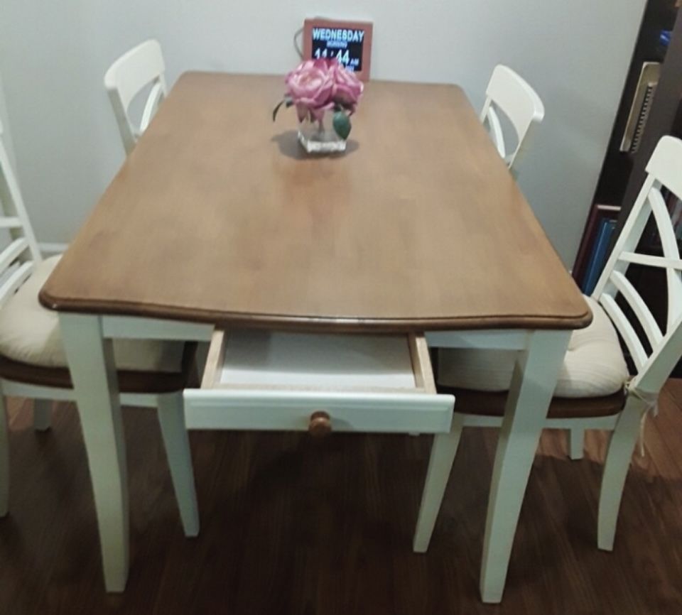 DINING TABLE SET SOLID WOOD + 4 MATCHING CHAIRS BEAUTIFUL FARMHOUSE STYLE WHITE & BROWN