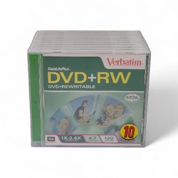 10 Pack Verbatim DataLifePlus DVD+RW REWRITABLE 4.7GB 120 Min Discs New Sealed Includes Jewel Cases. This is a pack of Verbatim DataLifePlus DVD+RW re