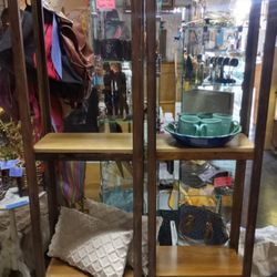 Two tall wood shelves 60 tall 11 1/2 inches deep 19 1/2 in wide