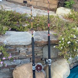 TWO SABRE ALL ROLLER BIG GAME FISHING RODS with PENN SENATOR REELS