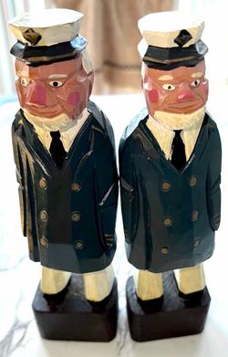 Vintage Hand Carved Wooden Sea Captain Sailor Figurines - Pair of 2 Folk Art-1960’s-1970’s