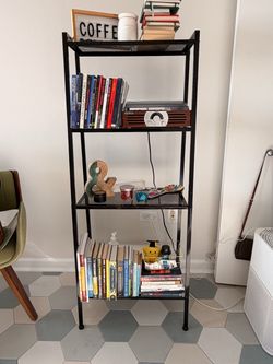 Black Metal Mesh 4-Tier Bookshelf AND Vintage-Style Jensen Turntable with Built-In Speakers