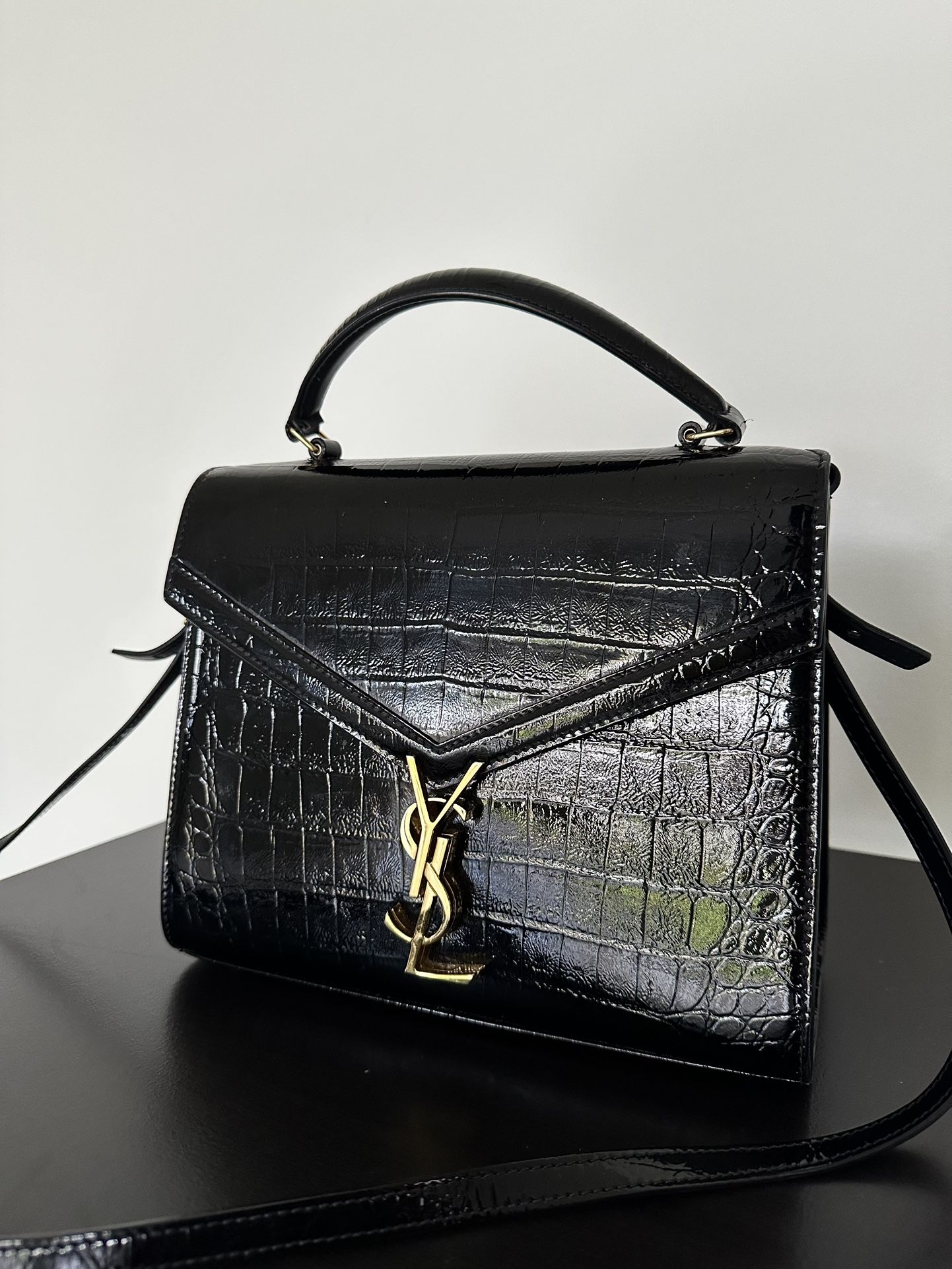 YSL Black Cassandra Croc Embossed Leather Bag