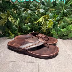 Olukai Mea Ola Terra Dark Wood Brown Leather Flip Flop Sandals Mens US 12 EU 45