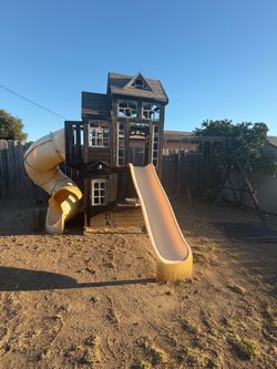 Wooden Backyard Playset with Slides and Clubhouse