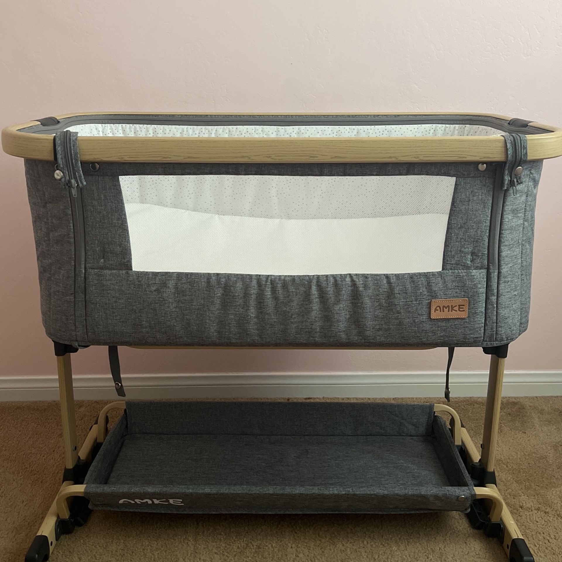 AMKE 3 in 1 Baby Bassinets,Bedside Sleeper for Baby,Baby Cradle with Storage Basket, Easy to Assemble Bassinet for Newborn/Infant