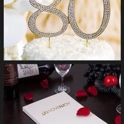 RHINESTONE GOLD “80” CAKE TOPPER WITH KEEPSAKE BOX