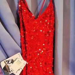 Vintage 90's BETSEY JOHNSON, STUNNING Red Sequined, Spaghetti Strap, Sz-6, Holiday/Party/Cocktail Dress
