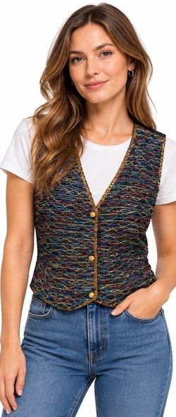 Vintage Effect Multicolor Beaded Gold Trim Vest Small