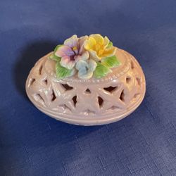 Vintage Porcelain Egg Shaped Trinket Box With Flowers 