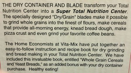 Vita Mix dry container for dry grains gluten free pastas NEW
