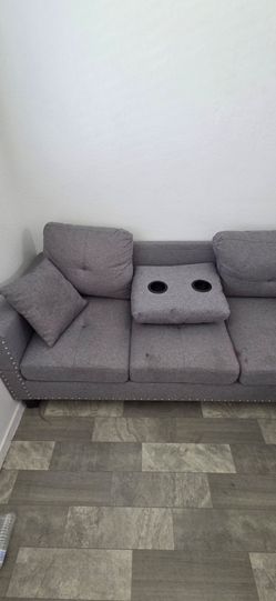 Living Room Furniture 2-PCS Sectional Sofa Set LAF Sofa RAF Chaise and Storage Ottoman Cup Holder Taupe Grey Color Linen-Like Fabric Couch